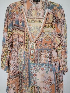 Mediterranean V-Neck Tunic Swim Cover Up Top - Multicolor